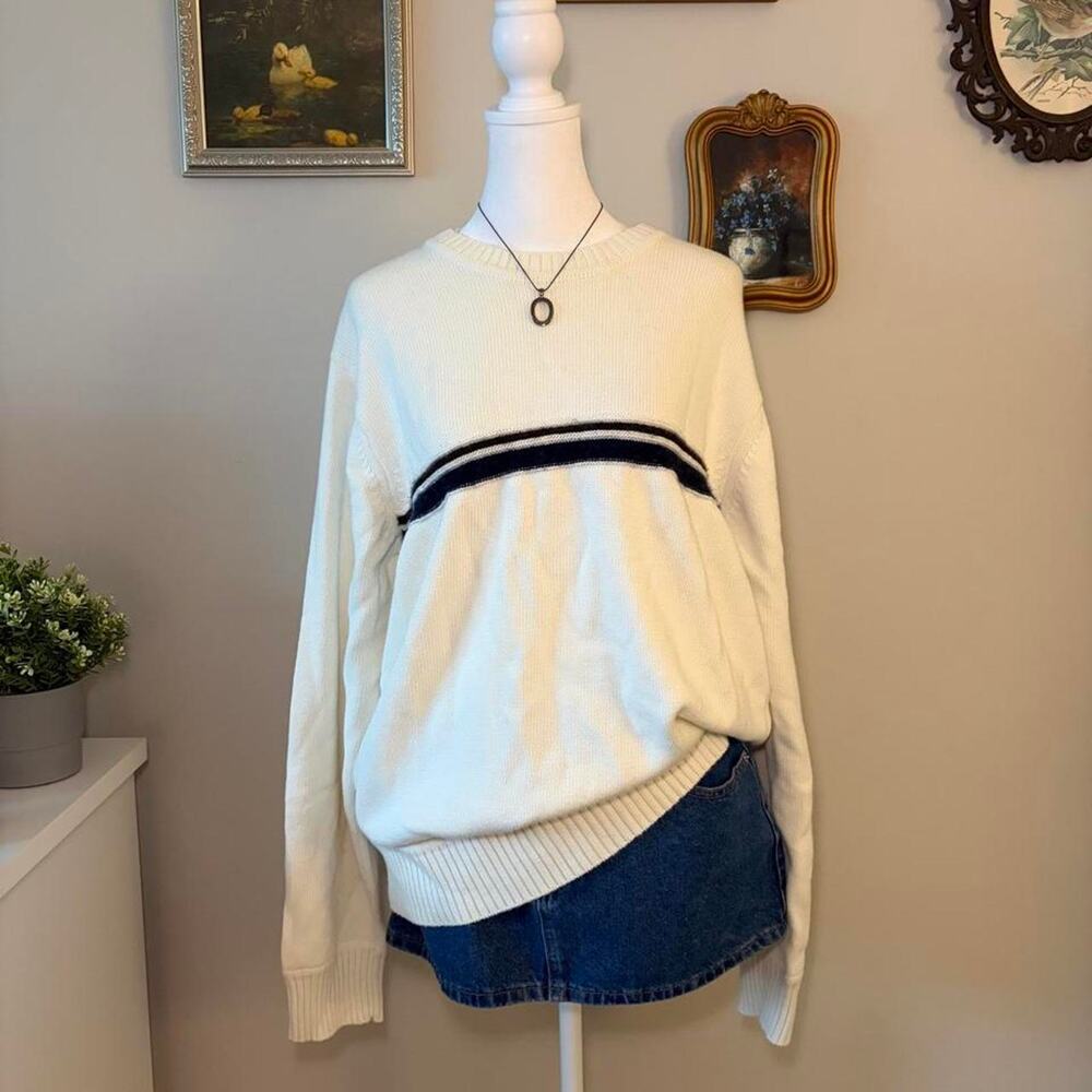 Vintage Tommy Hilfiger Knit Sweater Cream Striped Crewneck - Large